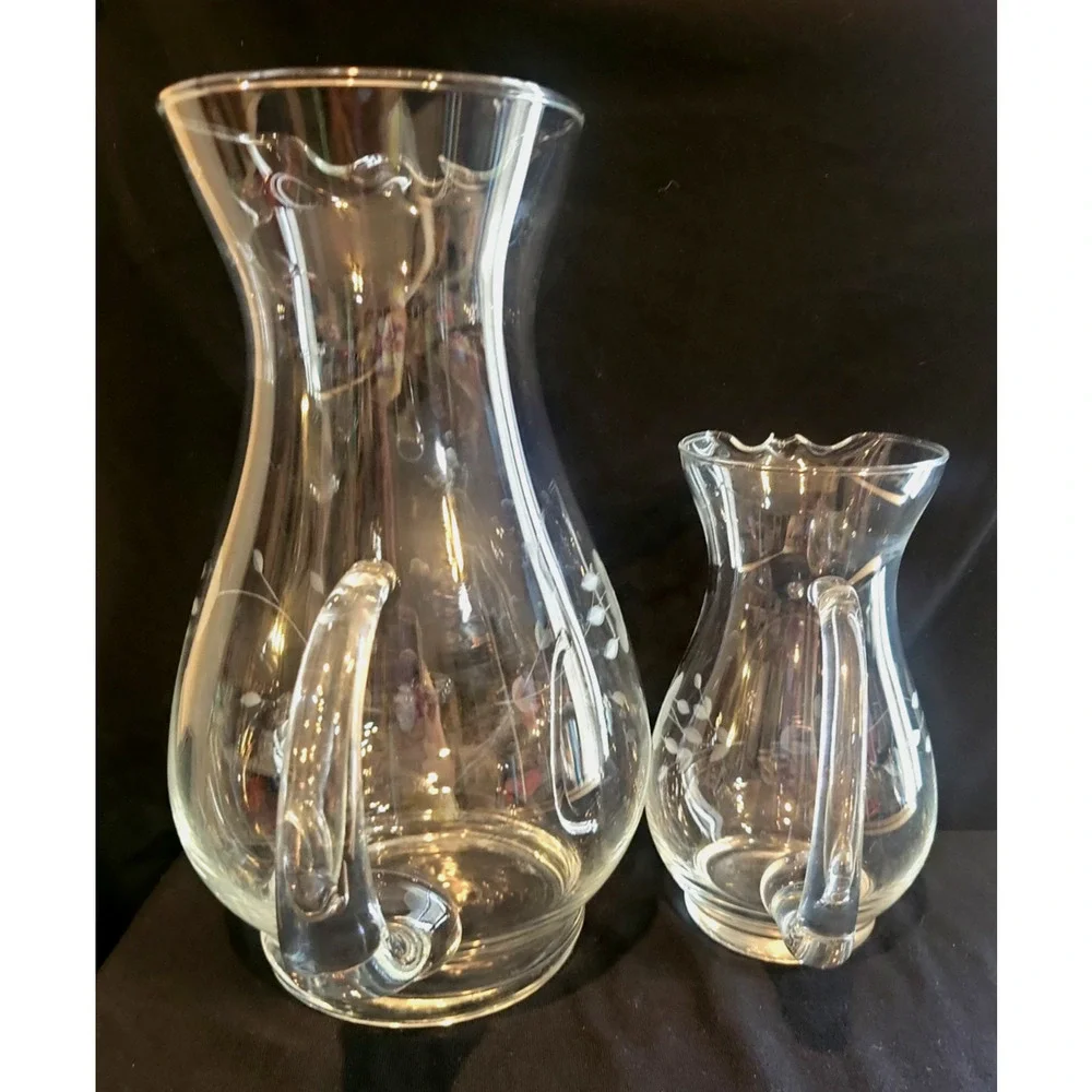 Set of 2 Princess House Heritage Crystal 6 & 10” Pitchers applied handle ice lip